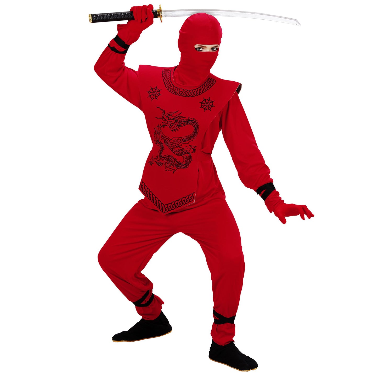 "ROTER NINJA" (Oberteil mit Bändern, Hose mit Bändern, Brustschutz, Maske) – Vorderansicht