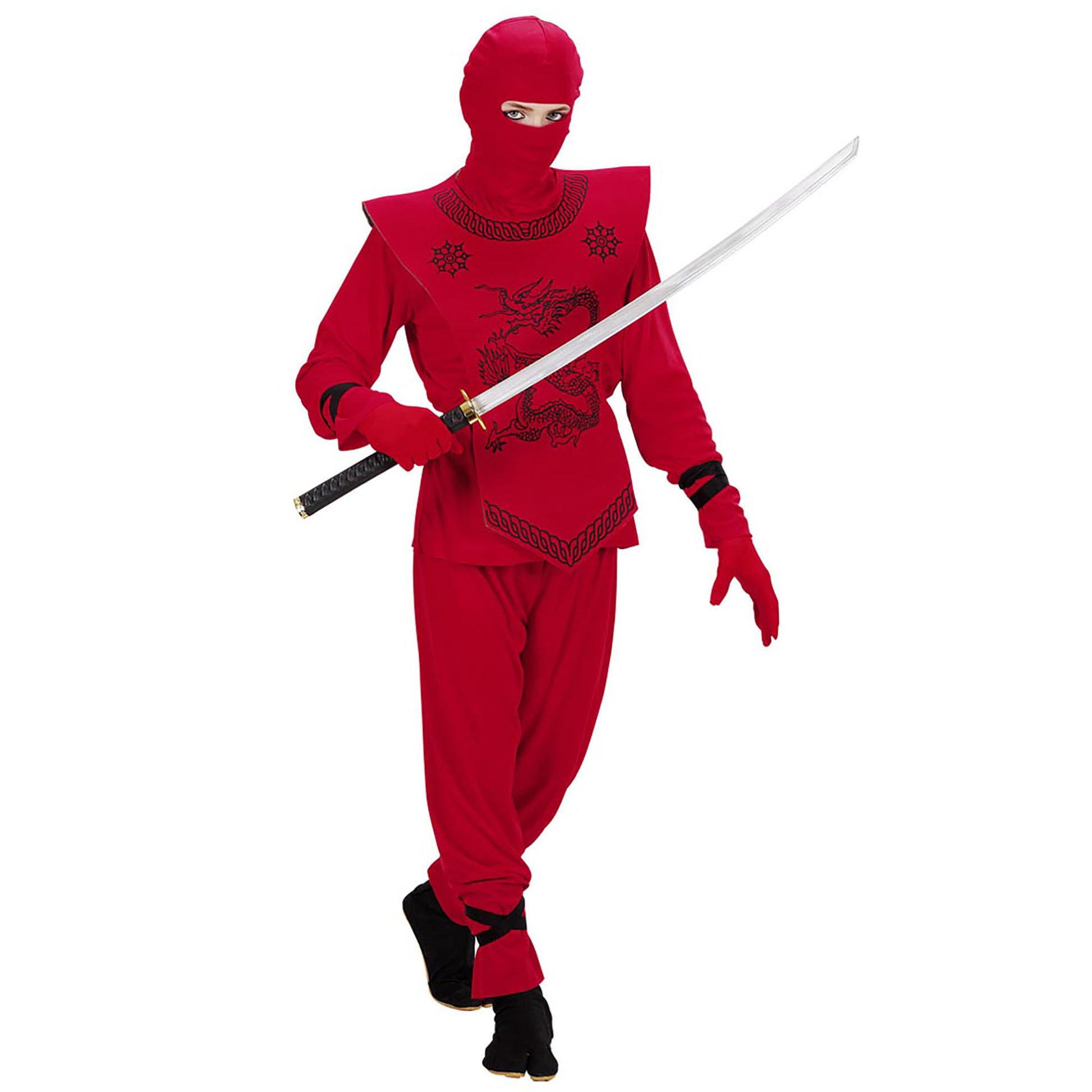 "ROTER NINJA" (Oberteil mit Bändern, Hose mit Bändern, Brustschutz, Maske) – Detailansicht