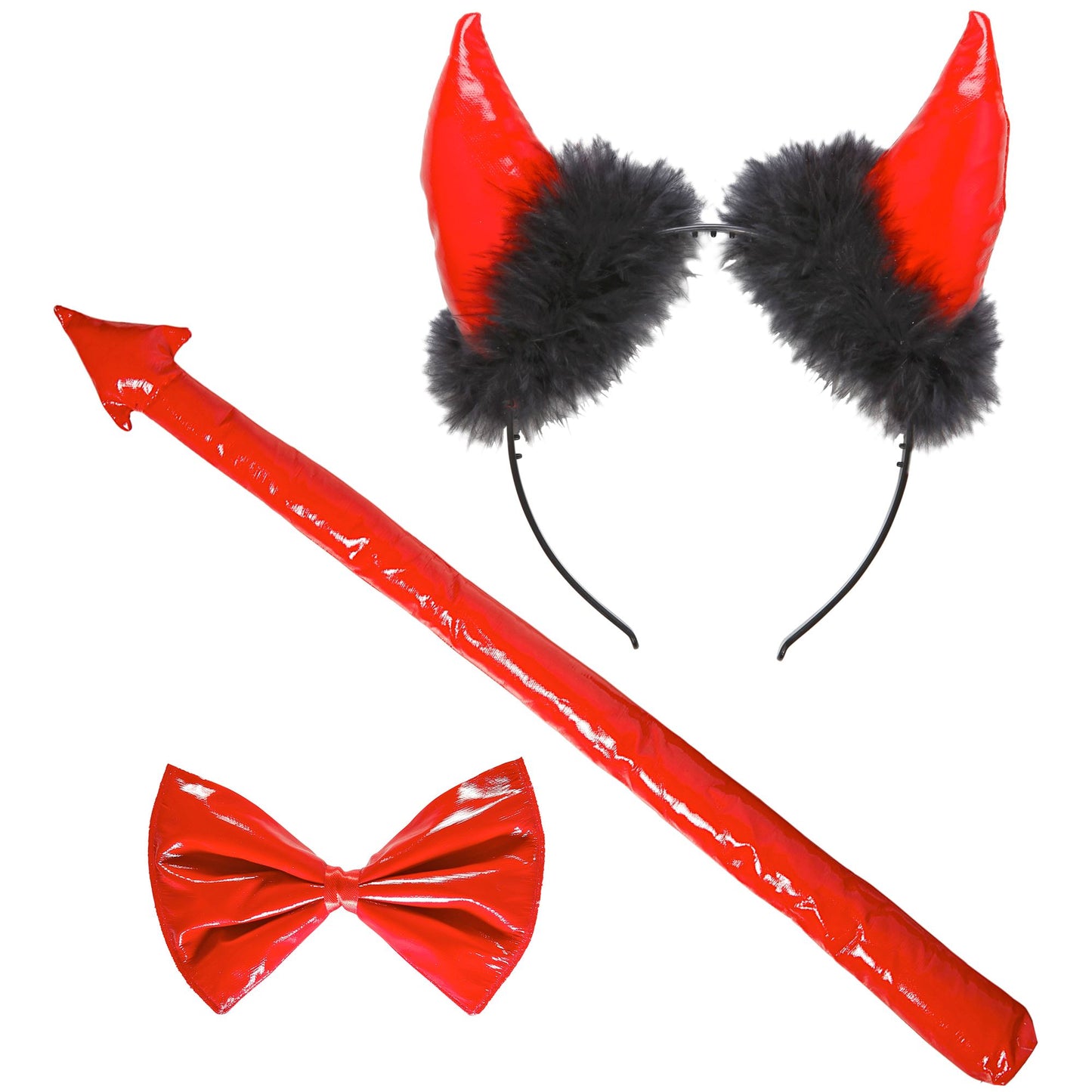 "ROTER TEUFEL AUS VINYL" Dress-up Set (Hörner, Fliege, Schwanz) – Vorderansicht
