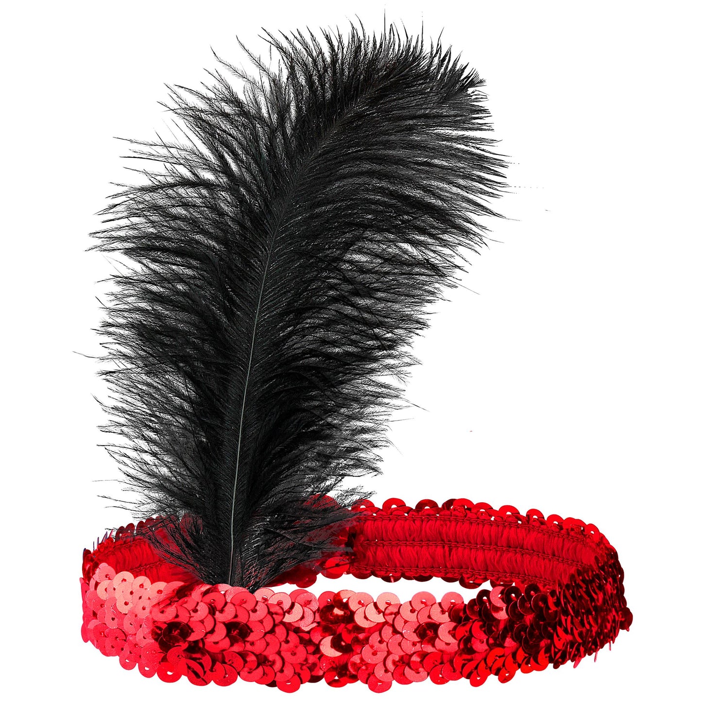 "ROTES PAILLETTEN STIRNBAND MIT FEDER" – Vorderansicht