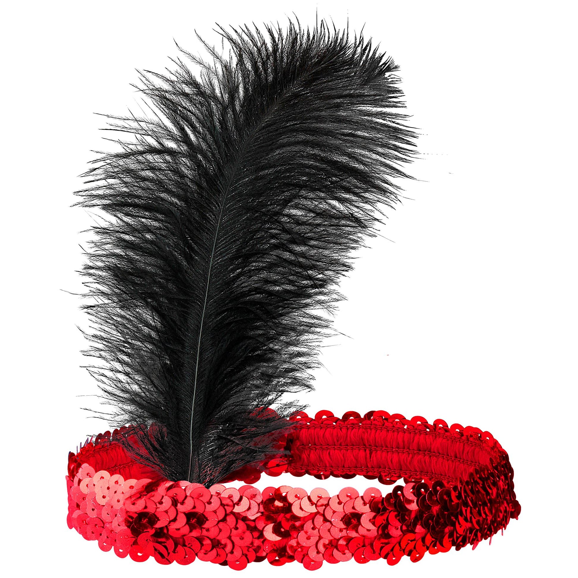 "ROTES PAILLETTEN STIRNBAND MIT FEDER" – Vorderansicht