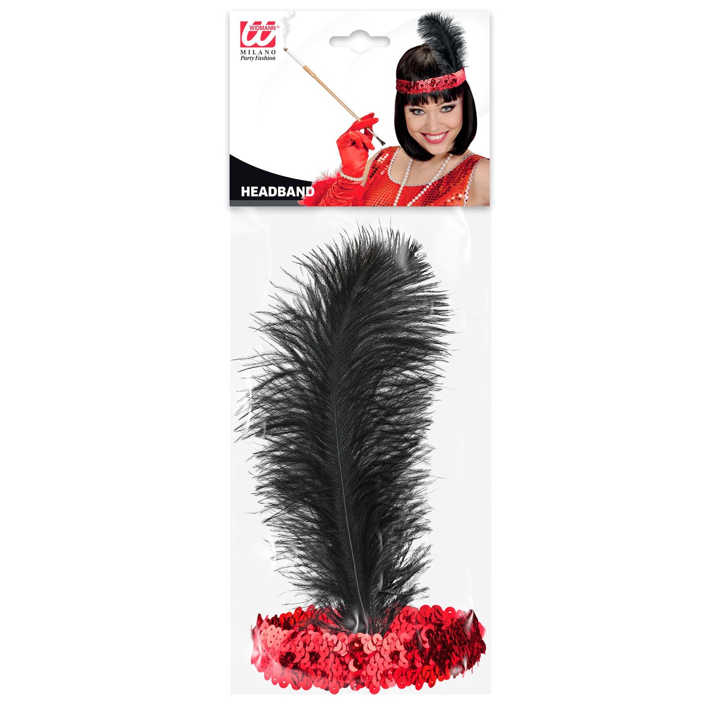 "ROTES PAILLETTEN STIRNBAND MIT FEDER" – Detailansicht