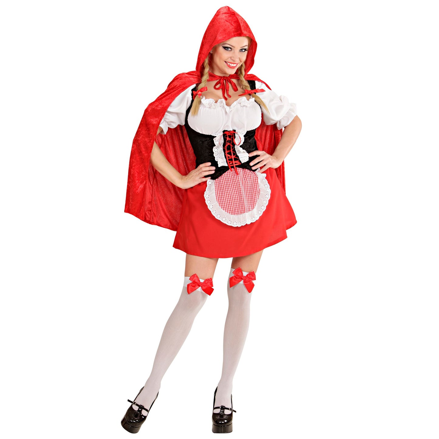 "ROTKÄPPCHEN" (Bluse mit Korsett, Rock mit Schürze, Mäntelchen mit Kapuze) – Vorderansicht