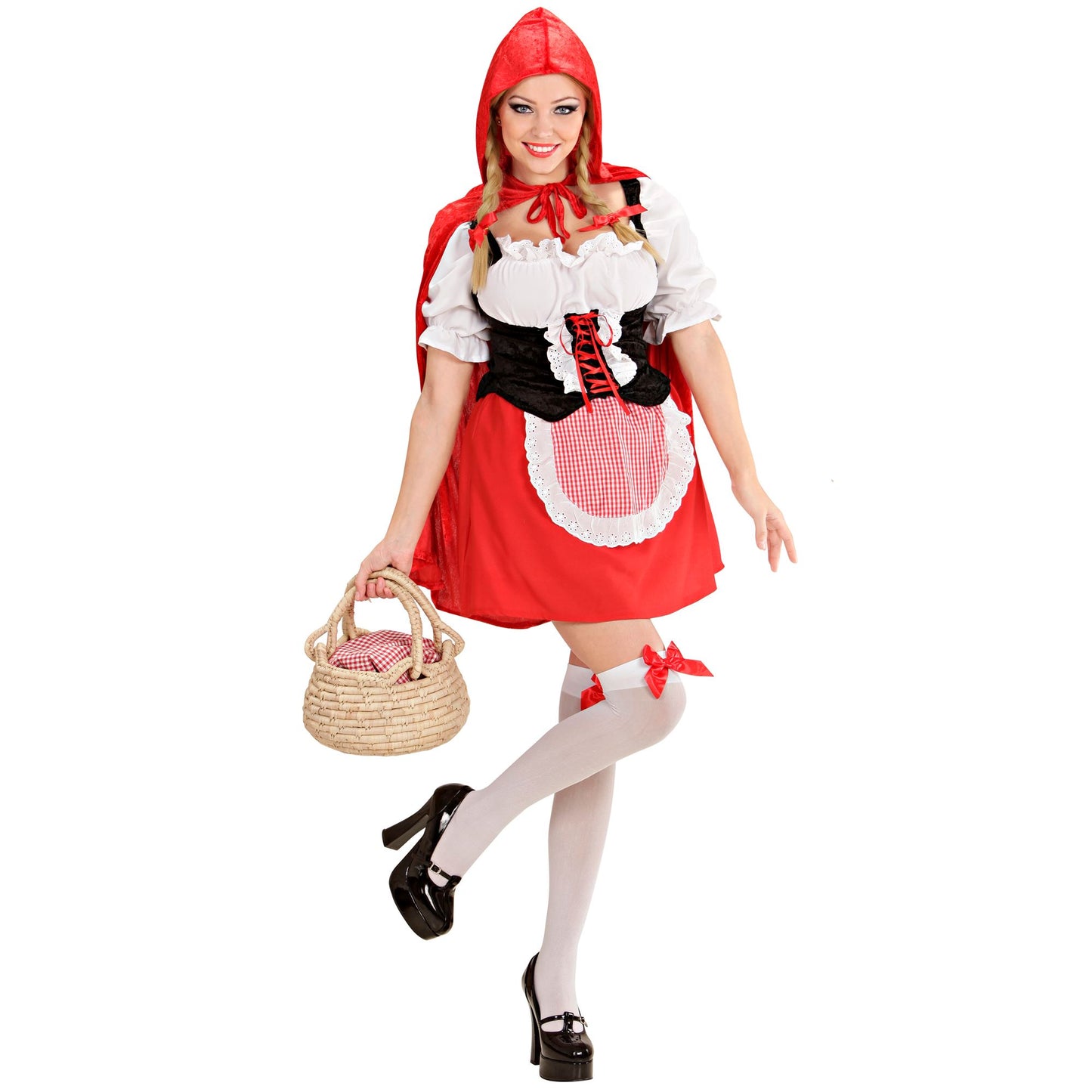 "ROTKÄPPCHEN" (Bluse mit Korsett, Rock mit Schürze, Mäntelchen mit Kapuze) – Detailansicht