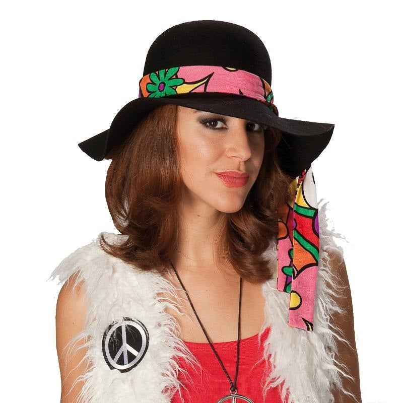 Rubies Hippie Damen Slouch Hat – Schwarz mit Blumenband - Fasnacht24.ch