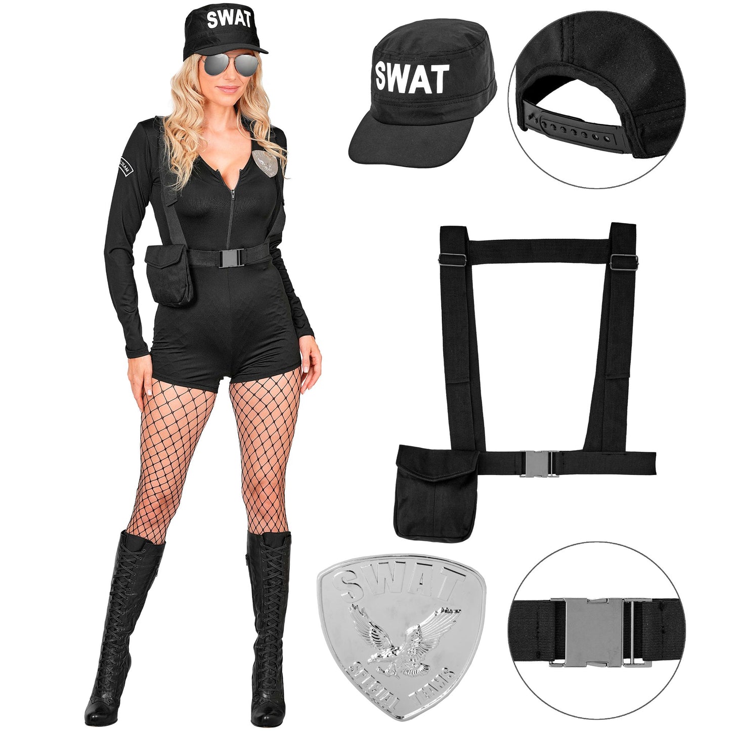 "S.W.A.T." (Overall, Gürtel mit Riemen und Tasche, Basecap, Abzeichen) – Detailansicht