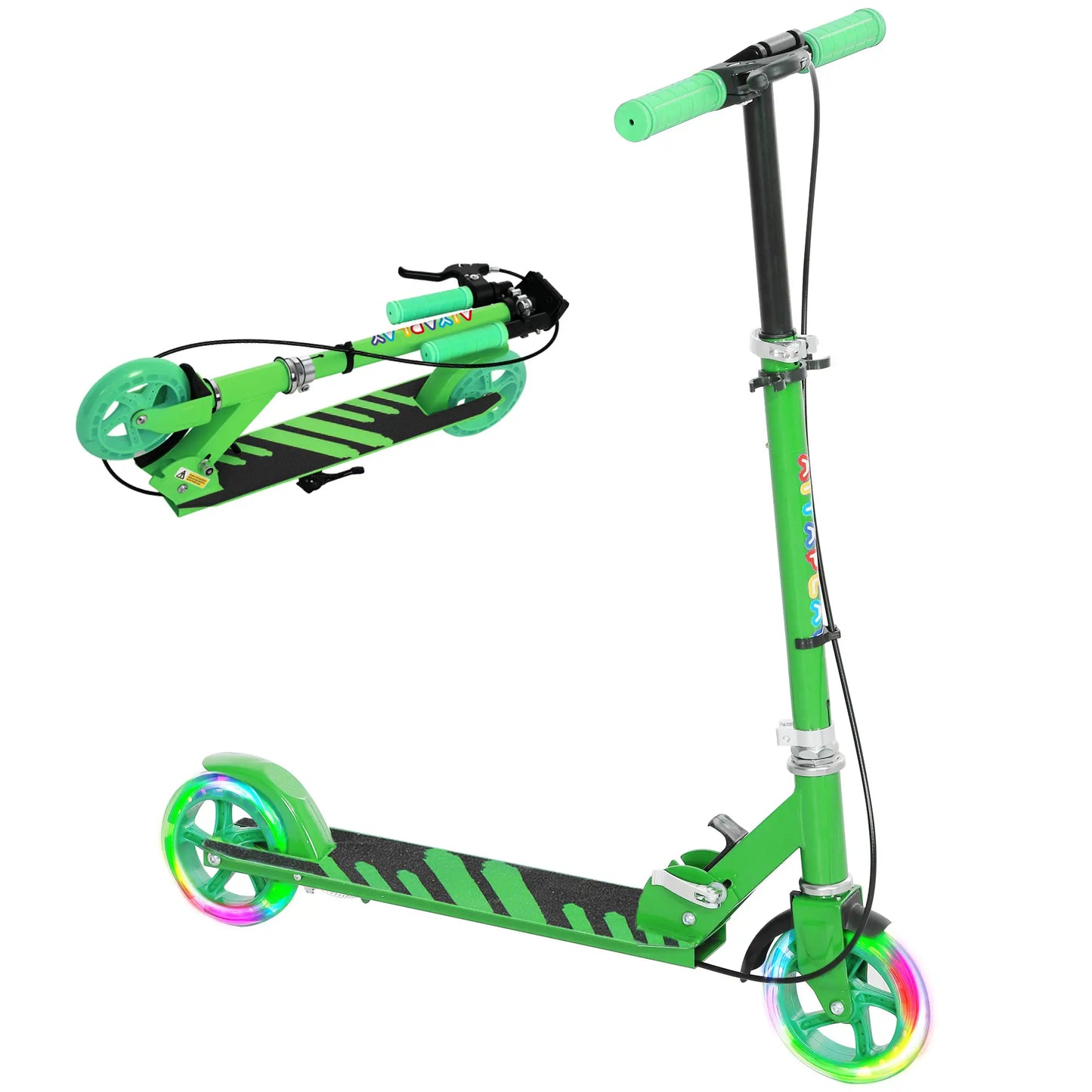 Grüner Kinderroller mit höhenverstellbarem T-Bar und zwei Bremsen für sicheres Fahren.