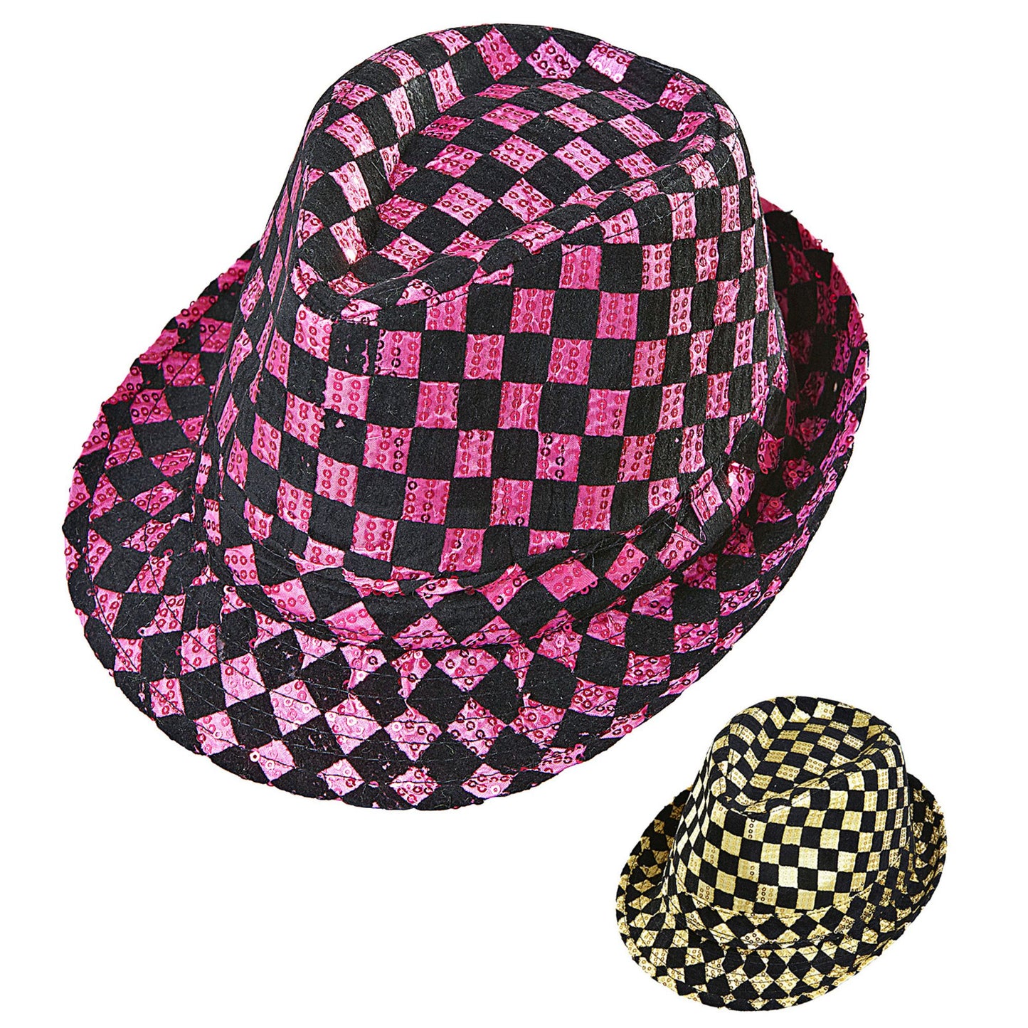 "SCHACHBRETTMUSTER PAILLETTEN FEDORA" in 2 Farben sortiert – Vorderansicht