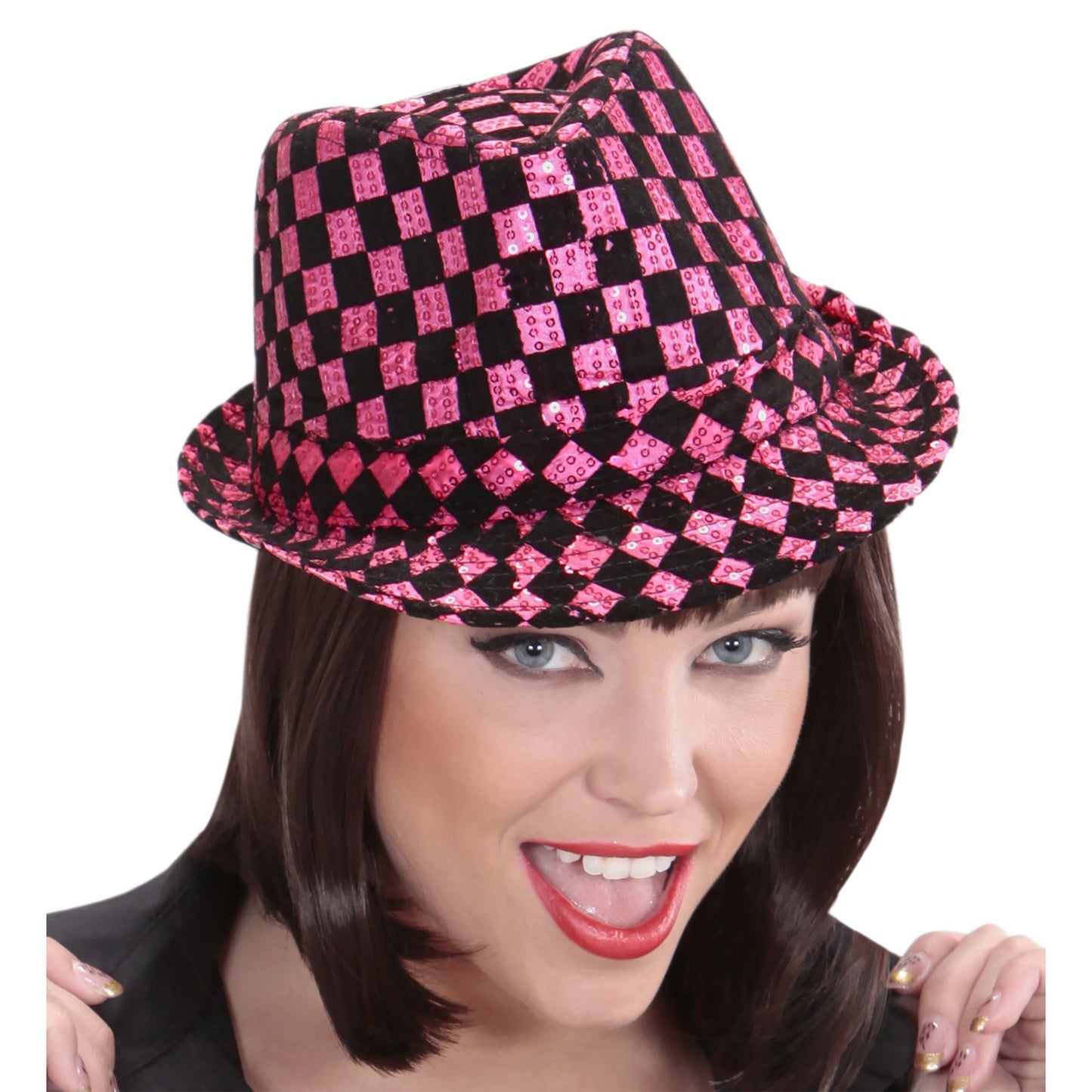 "SCHACHBRETTMUSTER PAILLETTEN FEDORA" in 2 Farben sortiert – Detailansicht