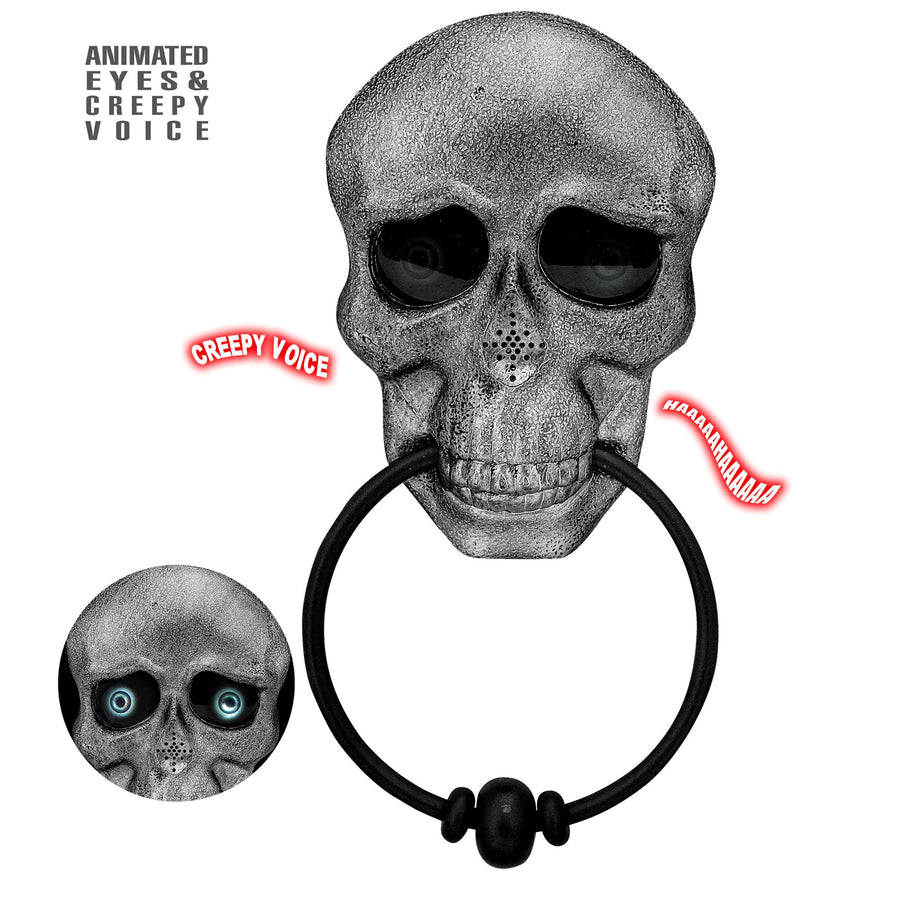 "SCHÄDEL TÜRKLOPFER" mit animierten Augen und Gruselstimme – Vorderansicht