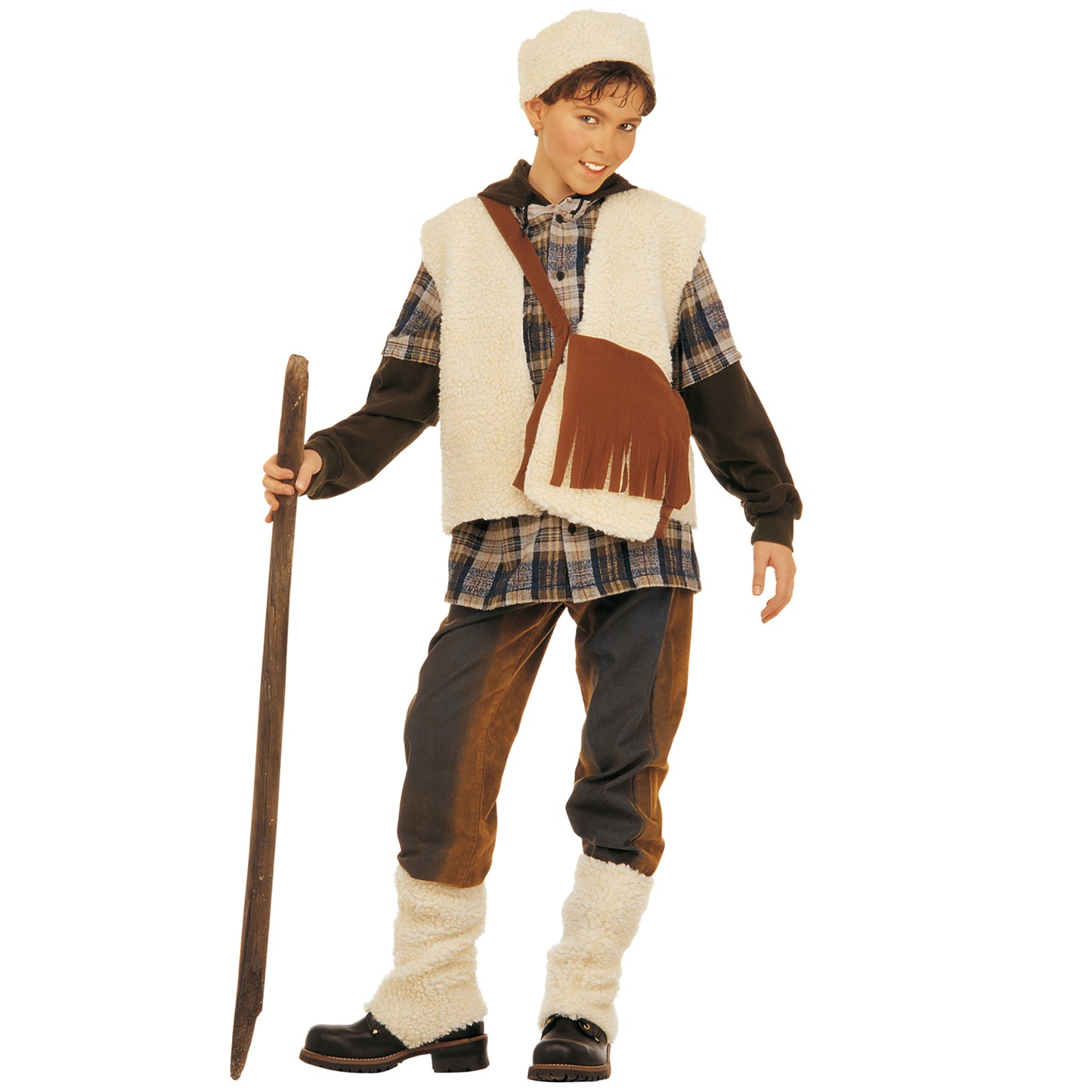 "SCHAFHIRTE" (Plüschweste, Tasche, Gamaschen und Hut) – Vorderansicht