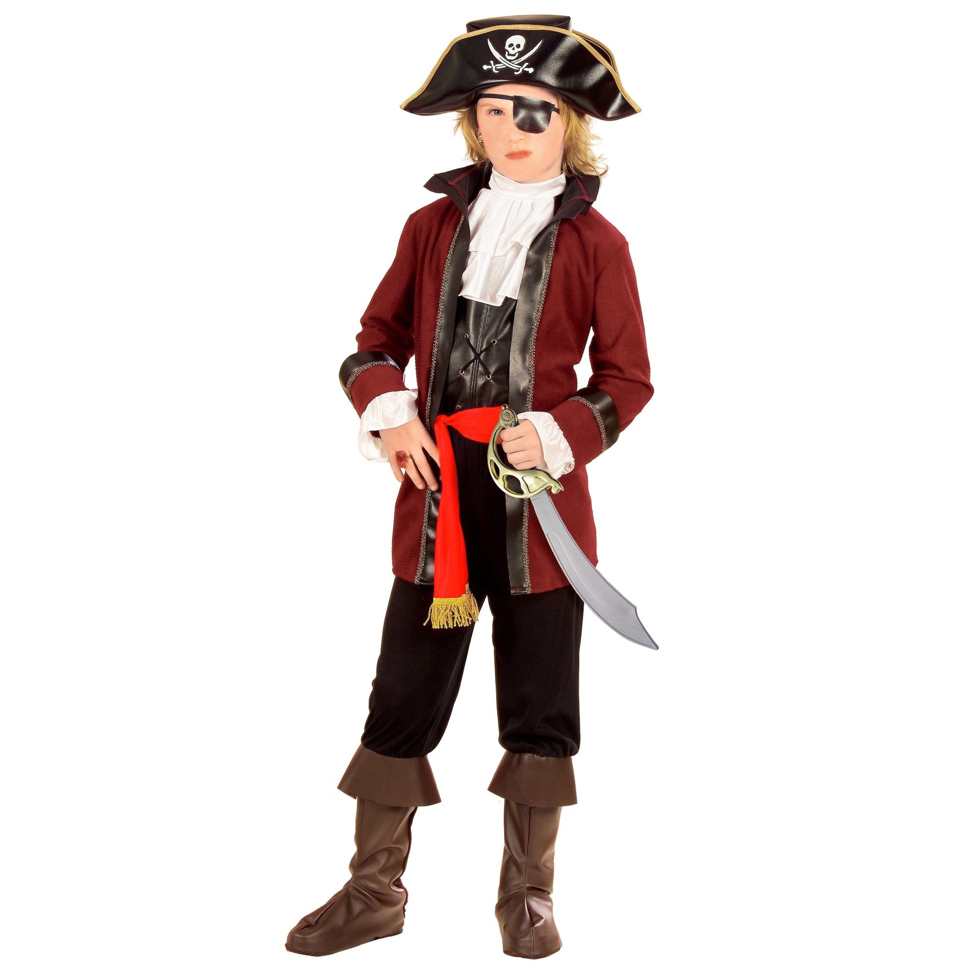 "SCHATZINSELPIRAT" (Coat mit Jabot, Hose mit Überstiefel, Gürtel, Hut, Augenklappe) – Vorderansicht