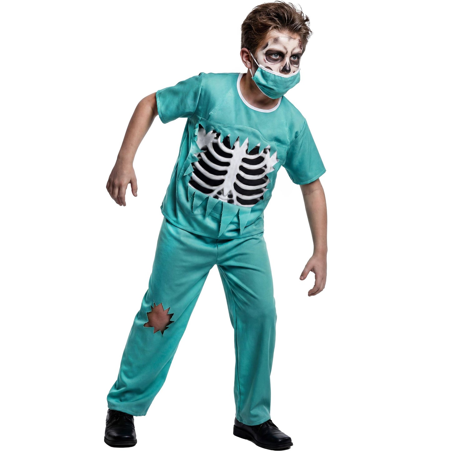 "SCHAURIGER CHIRURG" (Shirt mit Brustknochen, Hose, Mundschutz) – Vorderansicht