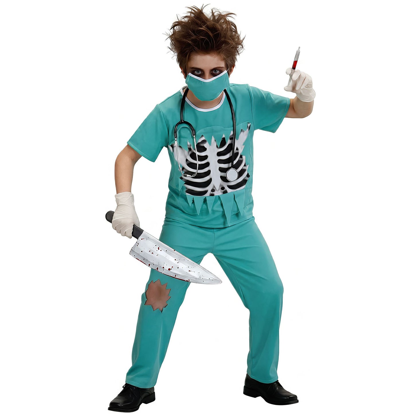 "SCHAURIGER CHIRURG" (Shirt mit Brustknochen, Hose, Mundschutz) – Detailansicht
