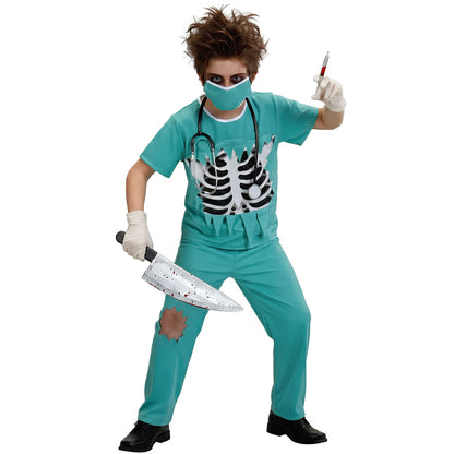 "SCHAURIGER CHIRURG" (Shirt mit Brustknochen, Hose, Mundschutz) – Detailansicht