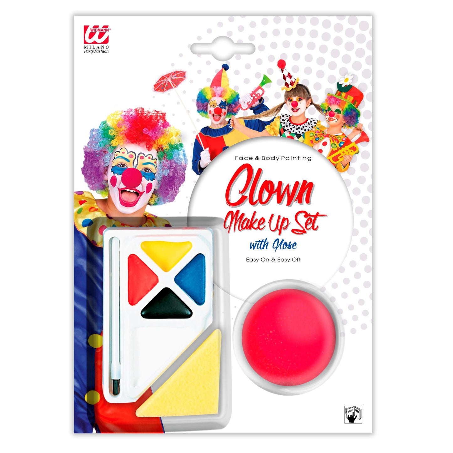 "SCHMINKSET CLOWN MIT NASE" (4 Farben 4,5 ml & Pinsel in Tray, Nase, Schwamm) – Vorderansicht