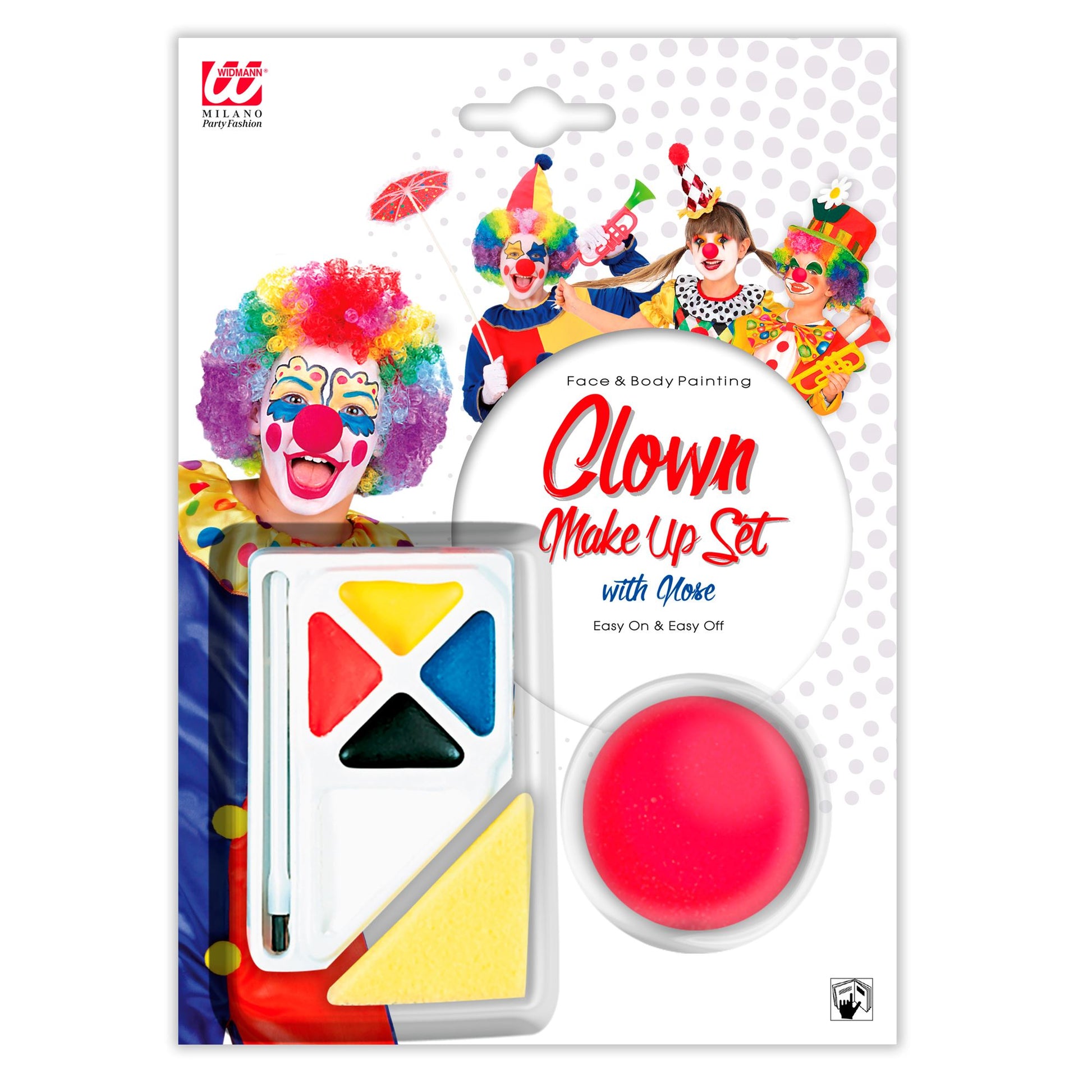 "SCHMINKSET CLOWN MIT NASE" (4 Farben 4,5 ml & Pinsel in Tray, Nase, Schwamm) – Vorderansicht