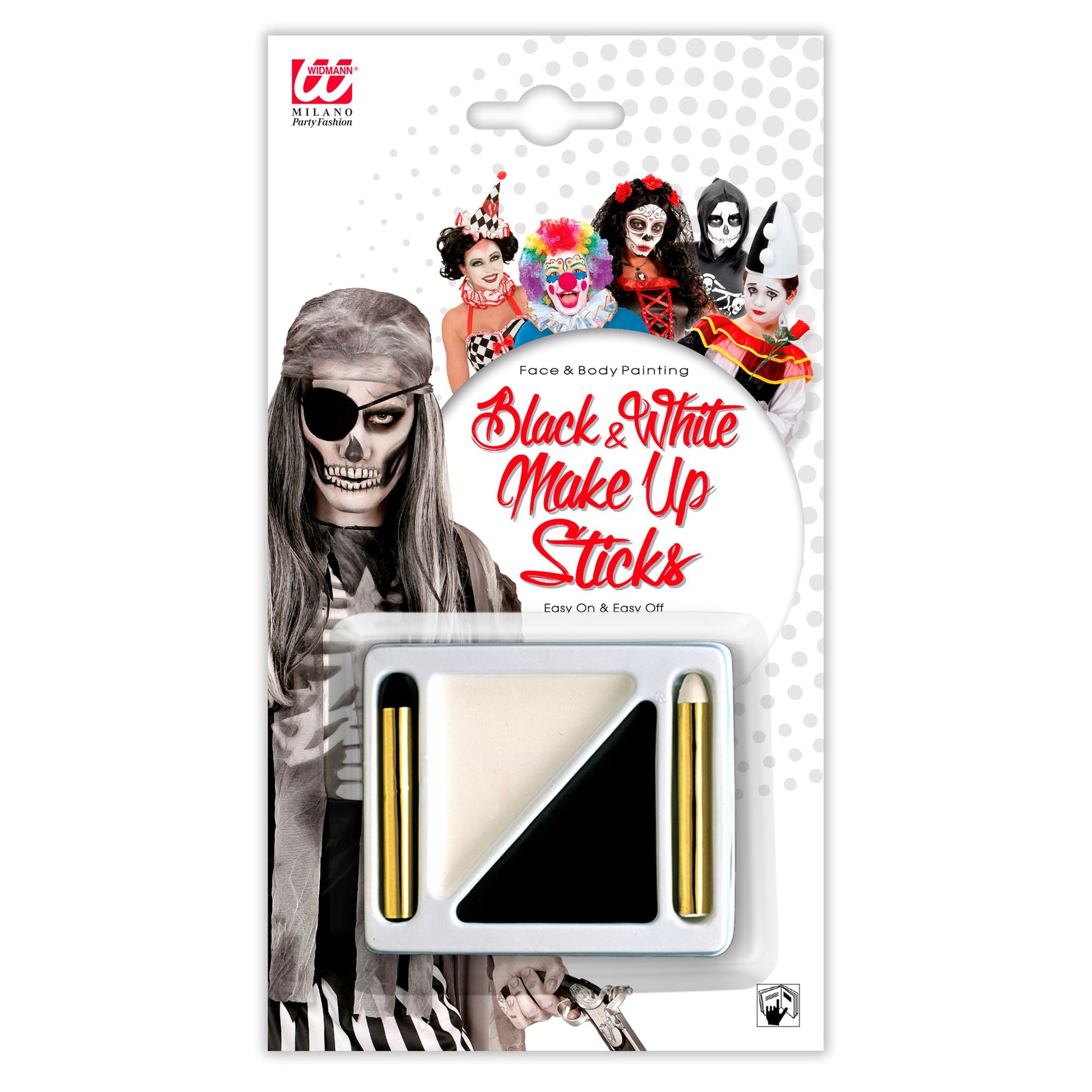 "SCHMINKSET SCHWARZ-WEIß" (2 Farben 7,2 ml & 2 Schminkstifte 4,5 ml in Tray) – Vorderansicht