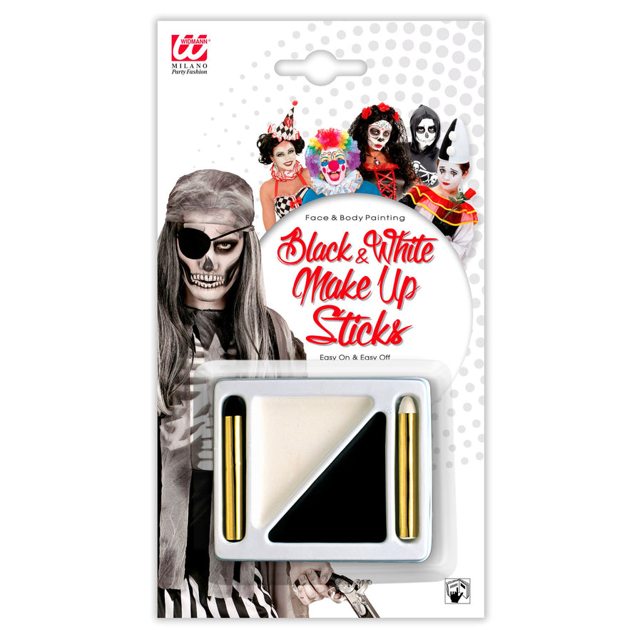 "SCHMINKSET SCHWARZ-WEIß" (2 Farben 7,2 ml & 2 Schminkstifte 4,5 ml in Tray) – Vorderansicht