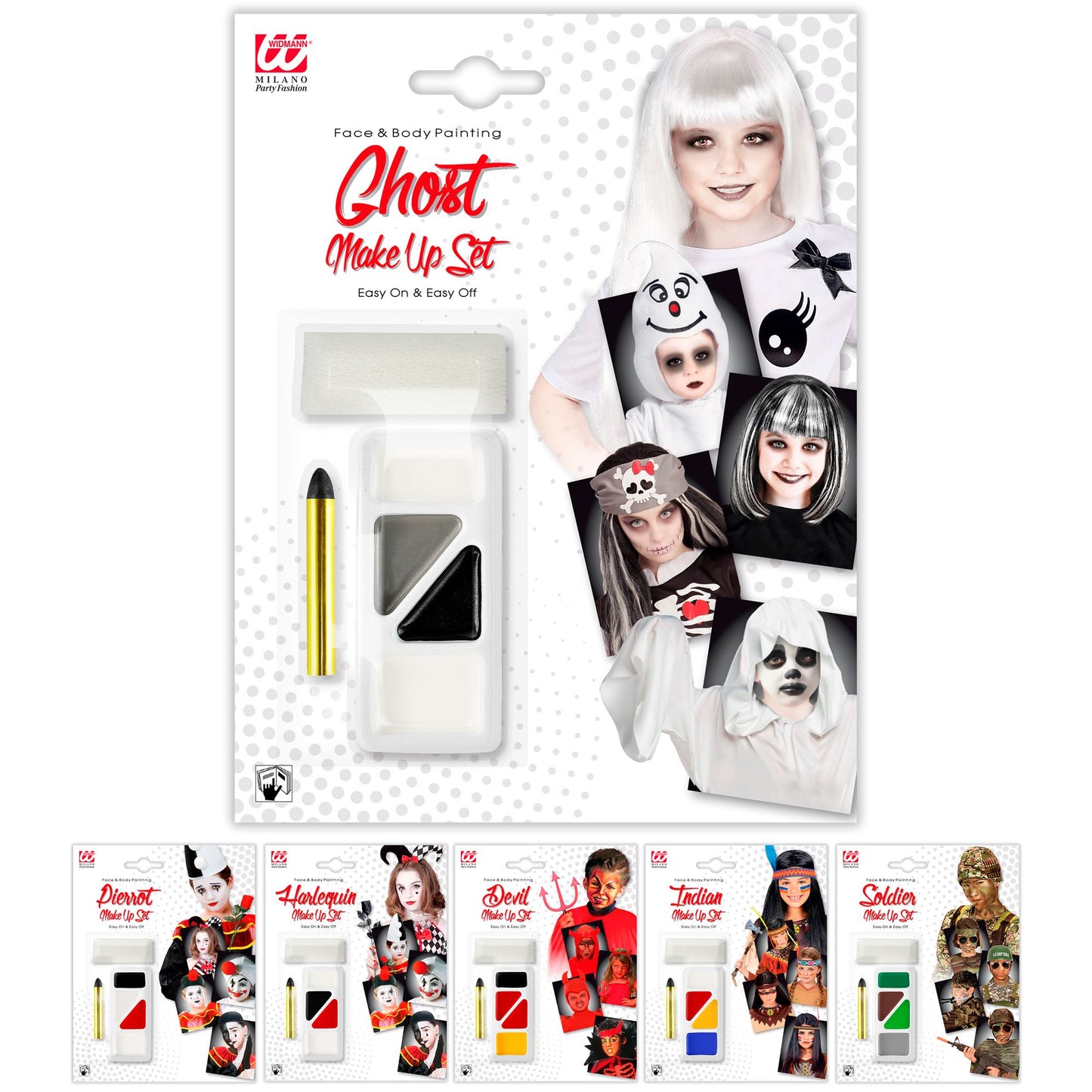 "SCHMINKSETS VERSCHIEDENE CHARAKTERE" (4 Farben 6,5 ml in Tray, Schminkstift 2,1 ml, Schwamm) - sort. In 6 Modellen – Vorderansicht