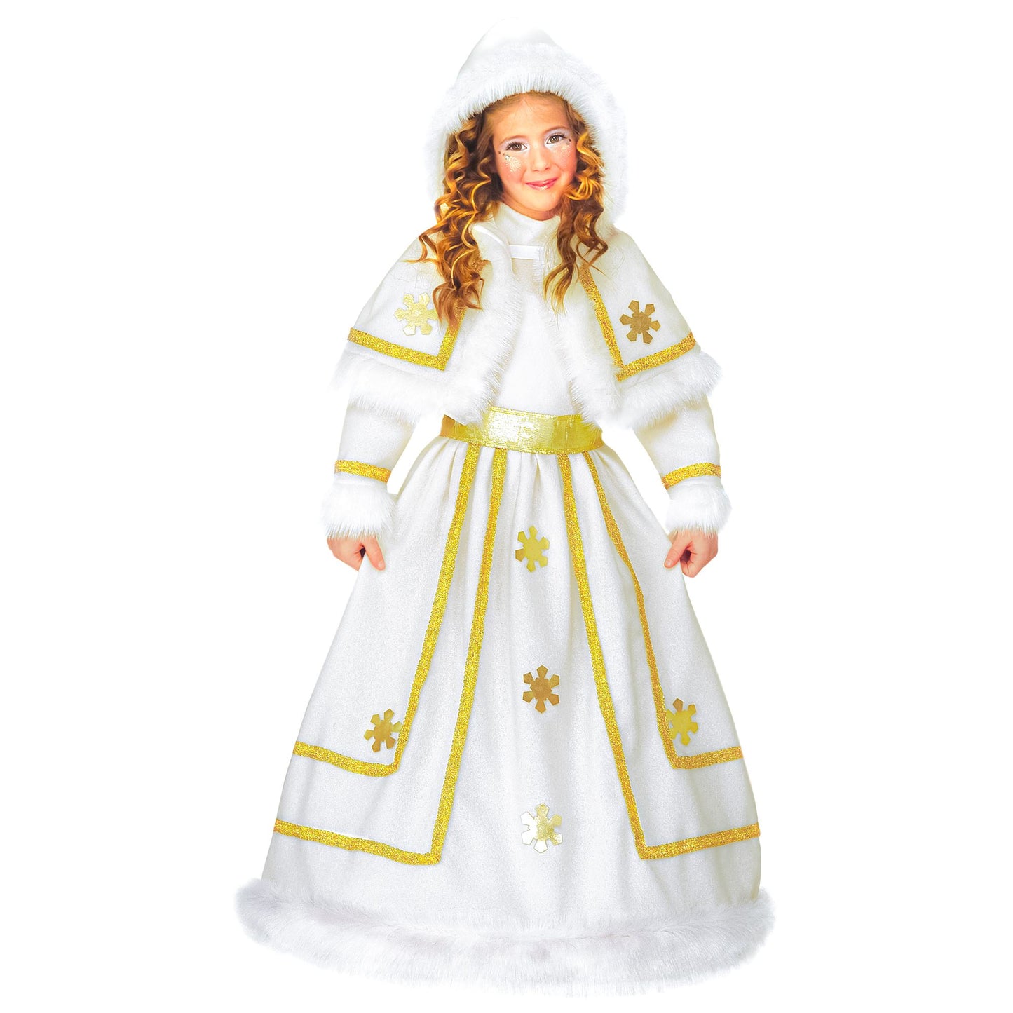"SCHNEEPRINZESSIN" (Kleid mit Petticoat, Gürtel, Cape mit Kapuze) – Vorderansicht