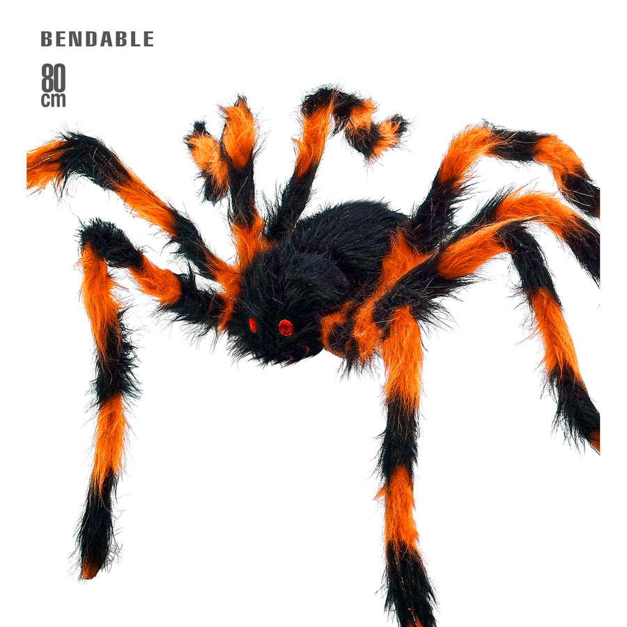 "SCHWARZ / ORANGENE SPINNE MIT HAARIGEN BIEGBAREN BEINEN" 80 cm – Vorderansicht