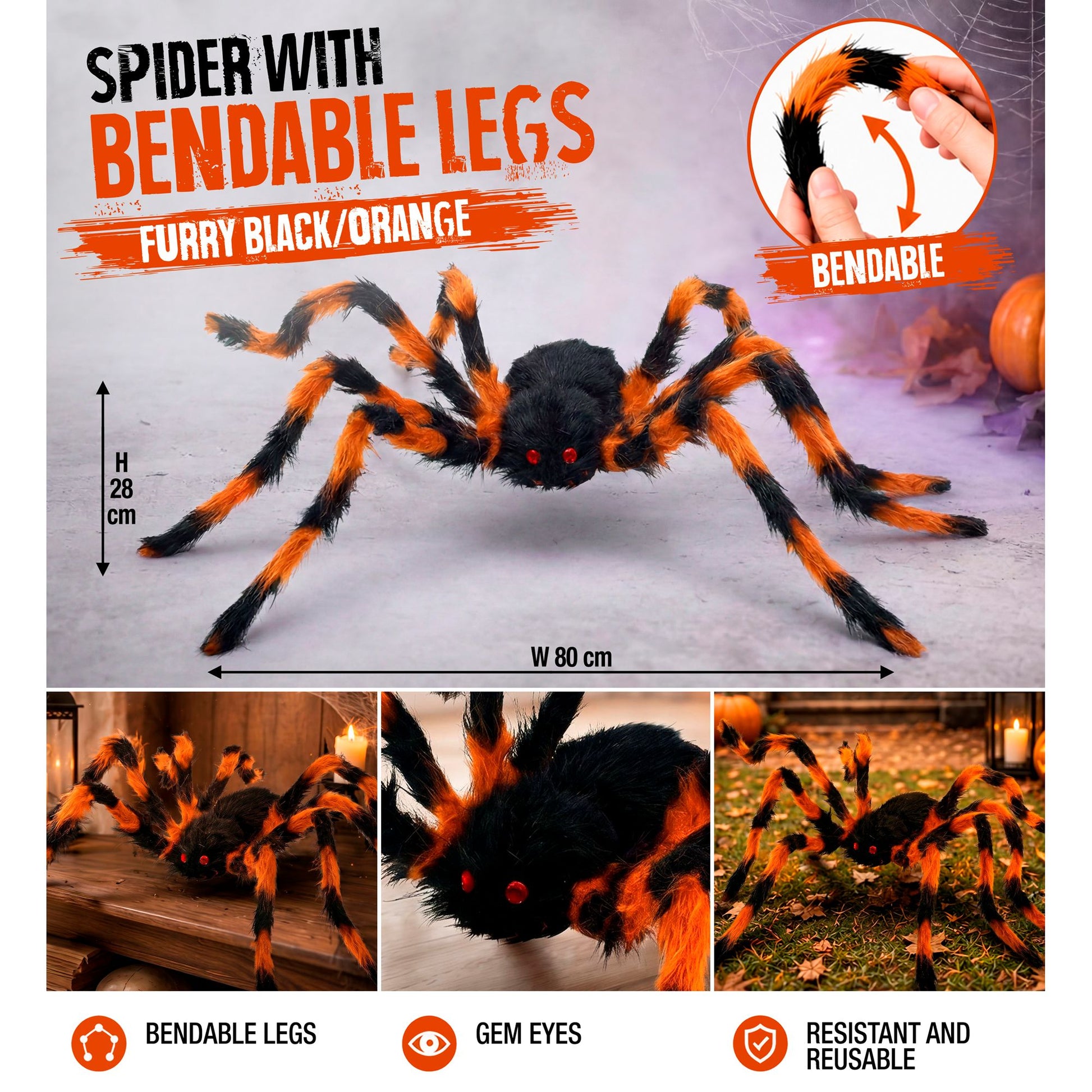 "SCHWARZ / ORANGENE SPINNE MIT HAARIGEN BIEGBAREN BEINEN" 80 cm – Ansicht 4