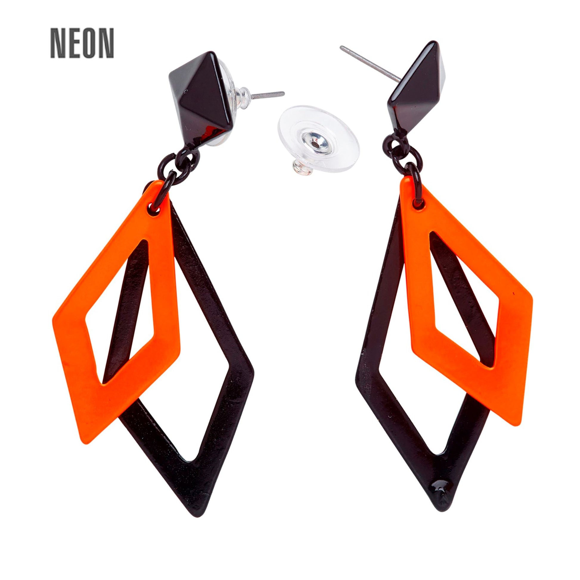 "SCHWARZ UND NEON ORANGENE RHOMBUS OHRRINGE" – Vorderansicht