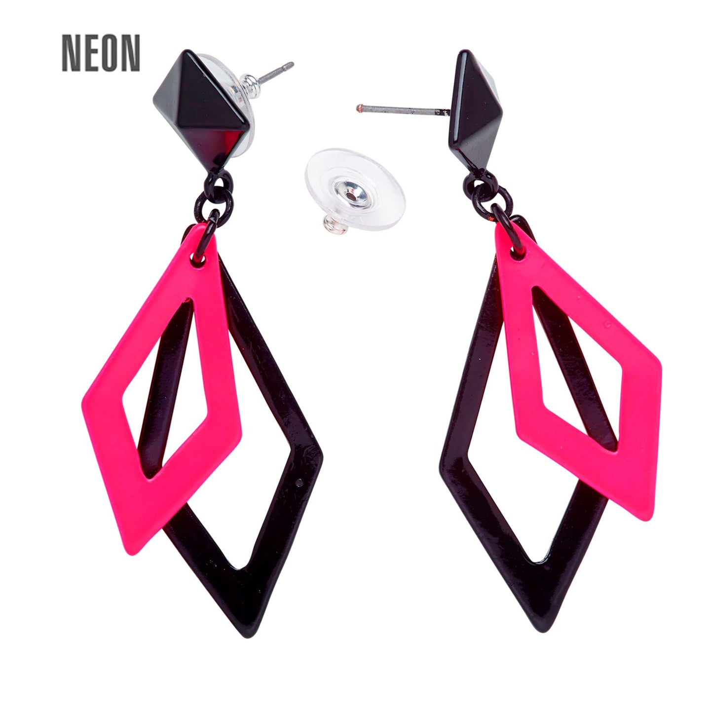 "SCHWARZ UND NEON PINKE RHOMBUS OHRRINGE" – Vorderansicht