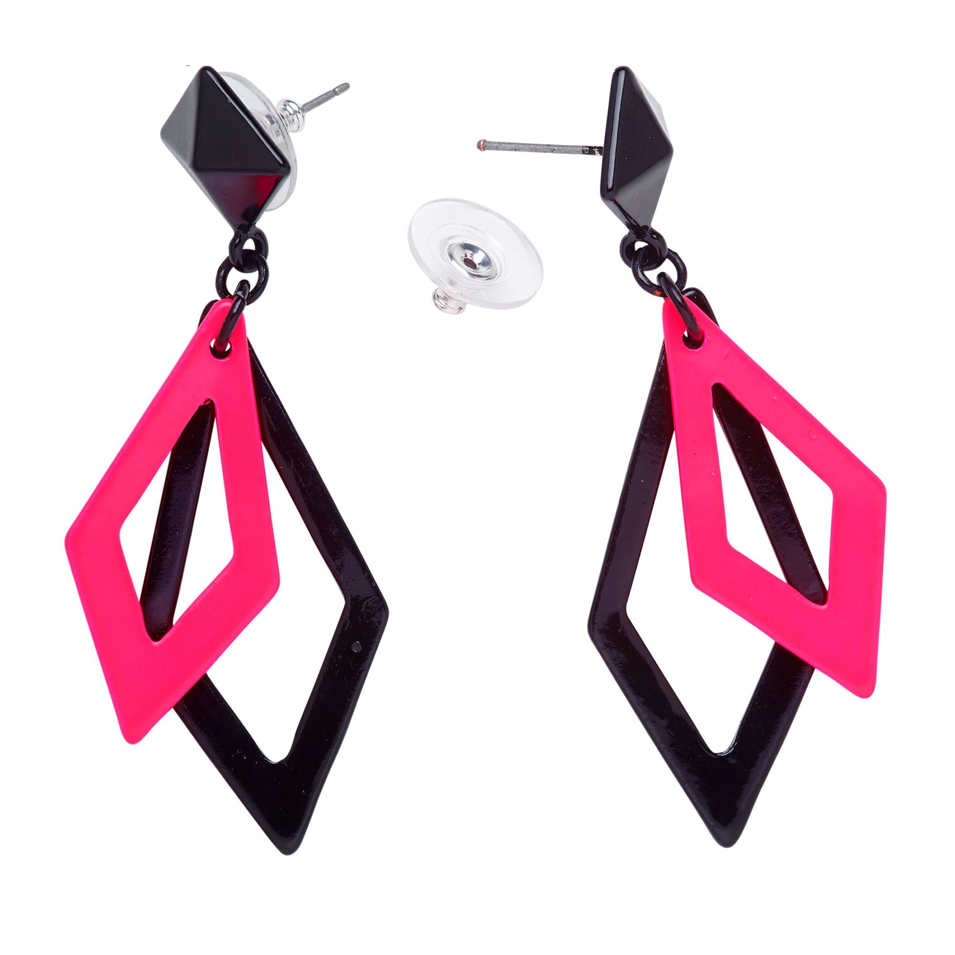 "SCHWARZ UND NEON PINKE RHOMBUS OHRRINGE" – Detailansicht