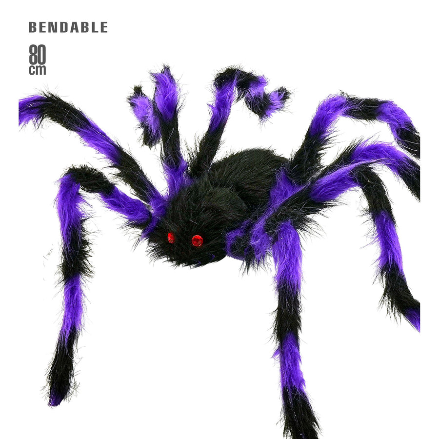 "SCHWARZ / VIOLETTE SPINNE MIT HAARIGEN BIEGBAREN BEINEN" 80 cm – Vorderansicht