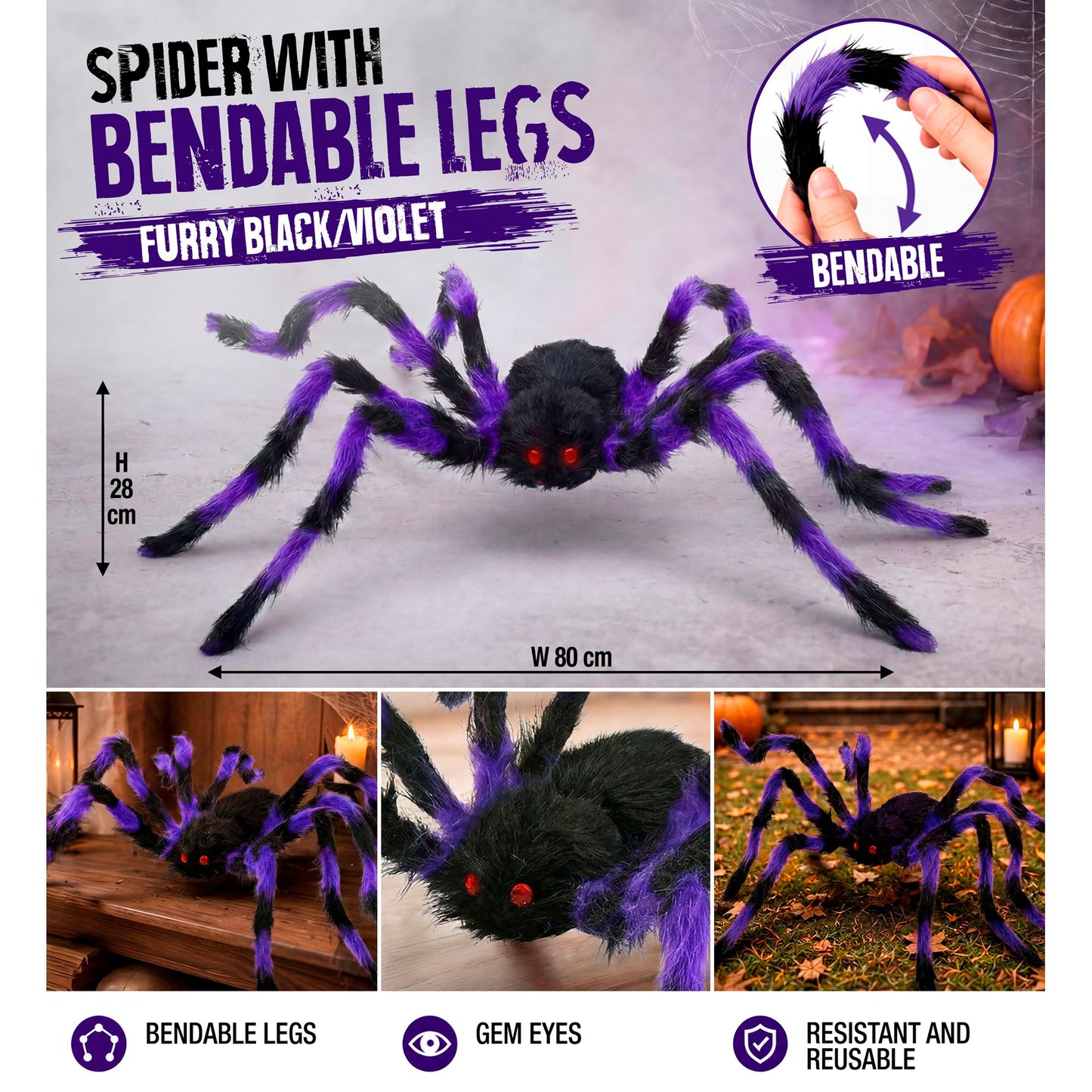 "SCHWARZ / VIOLETTE SPINNE MIT HAARIGEN BIEGBAREN BEINEN" 80 cm – Ansicht 4
