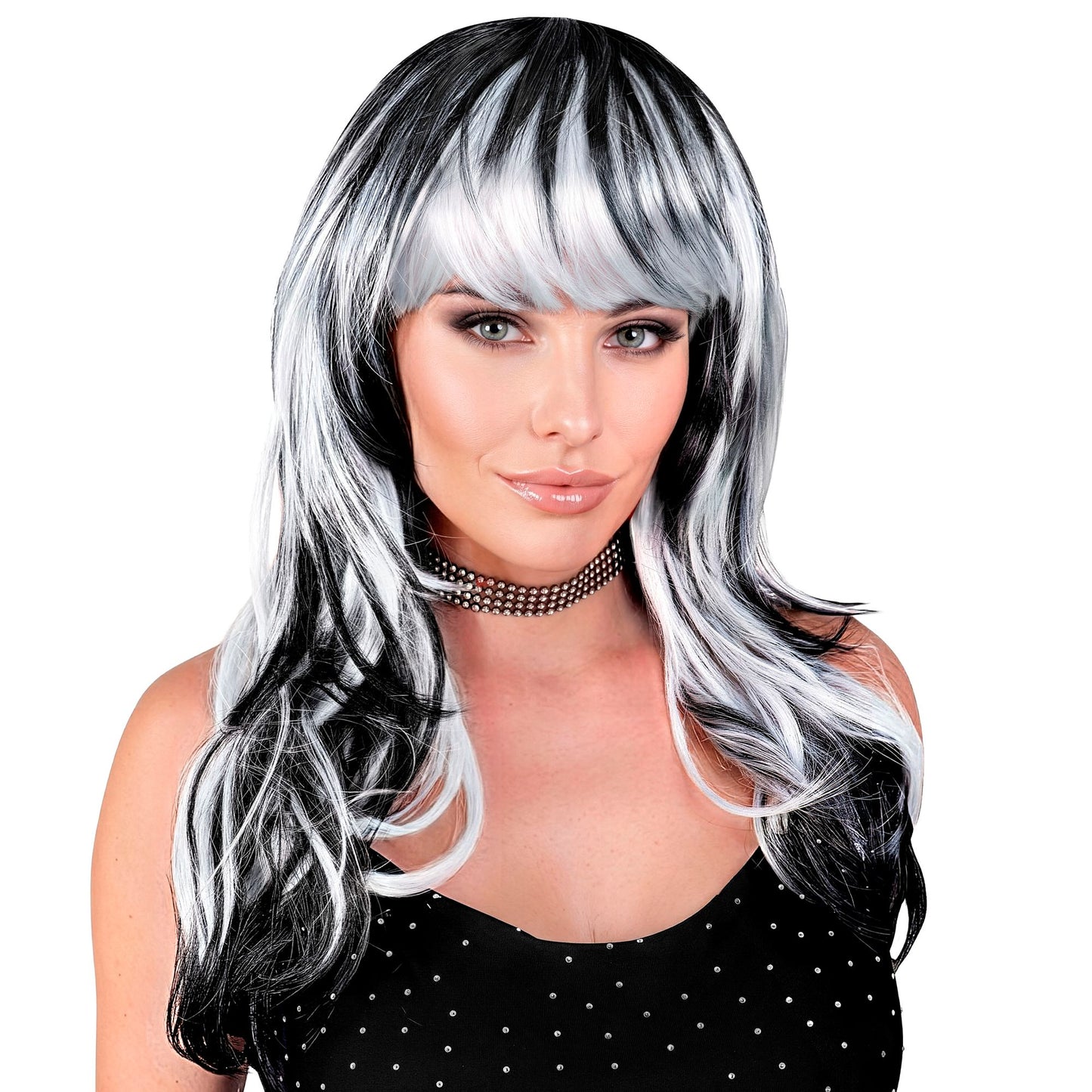 Widmann Schwarz-Weisse Vampirin Perücke in Schwarz und Weiss im Vokuhila Stil – Produktansicht