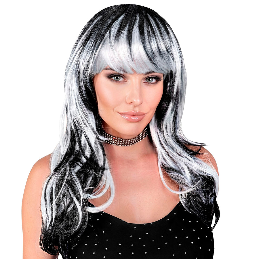Widmann Schwarz-Weisse Vampirin Perücke in Schwarz und Weiss im Vokuhila Stil – Produktansicht