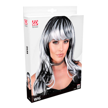 Widmann Schwarz-Weisse Vampirin Perücke in Schwarz und Weiss im Vokuhila Stil – Detailansicht