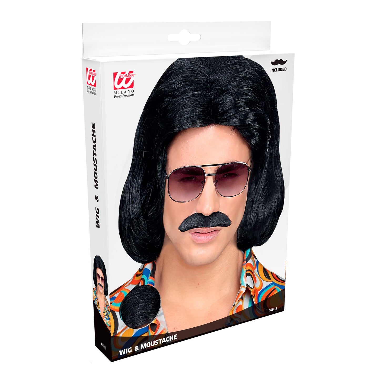"SCHWARZE 70er JAHRE DANDY PERÜCKE MIT SCHNURRBART" in Box – Detailansicht