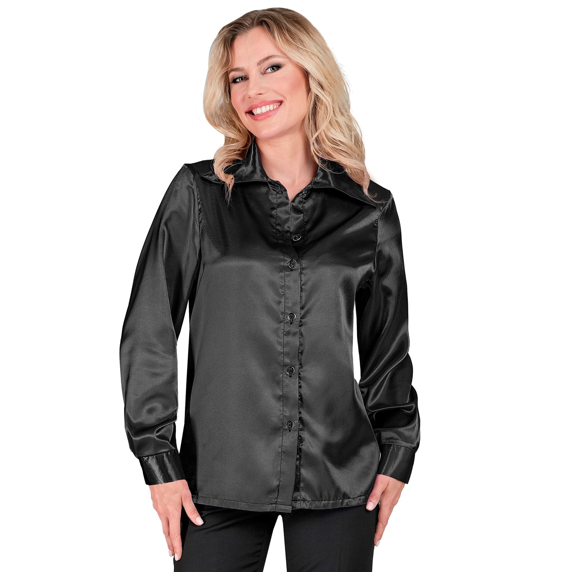 "SCHWARZE 70s DISCO BLUSE" aus Satin – Vorderansicht