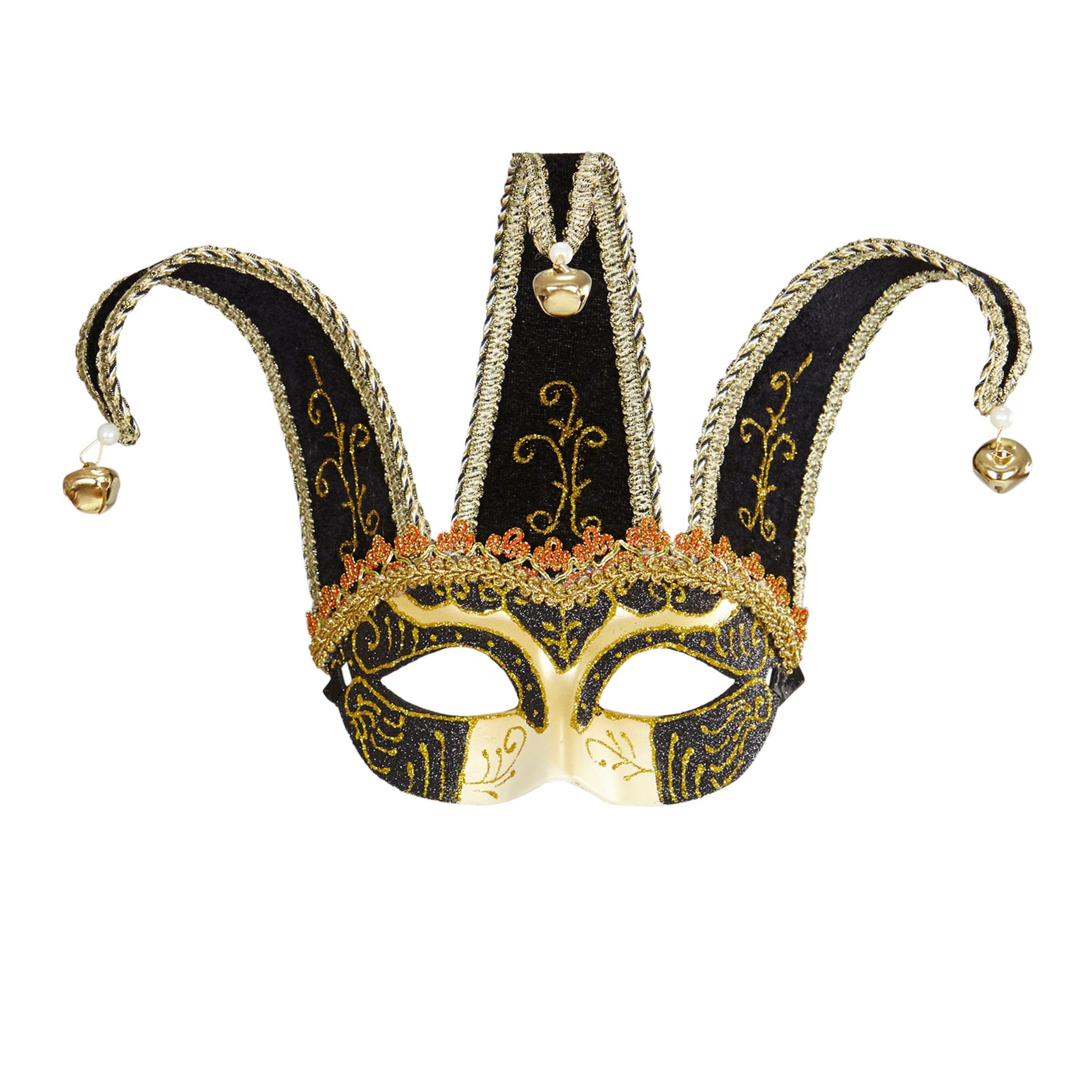 "SCHWARZE AUGENMASKE JOLLY, DEKORIERT MIT GOLDENEM UND SCHWARZEM UND GLÖCKCHEN" unisex – Vorderansicht
