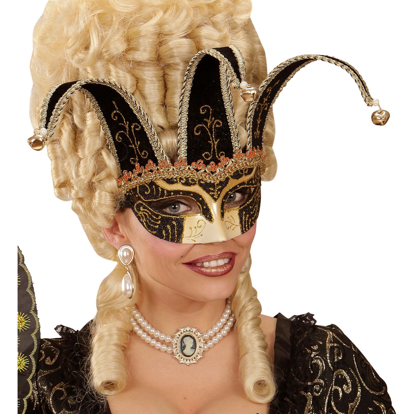 "SCHWARZE AUGENMASKE JOLLY, DEKORIERT MIT GOLDENEM UND SCHWARZEM UND GLÖCKCHEN" unisex – Ansicht 3