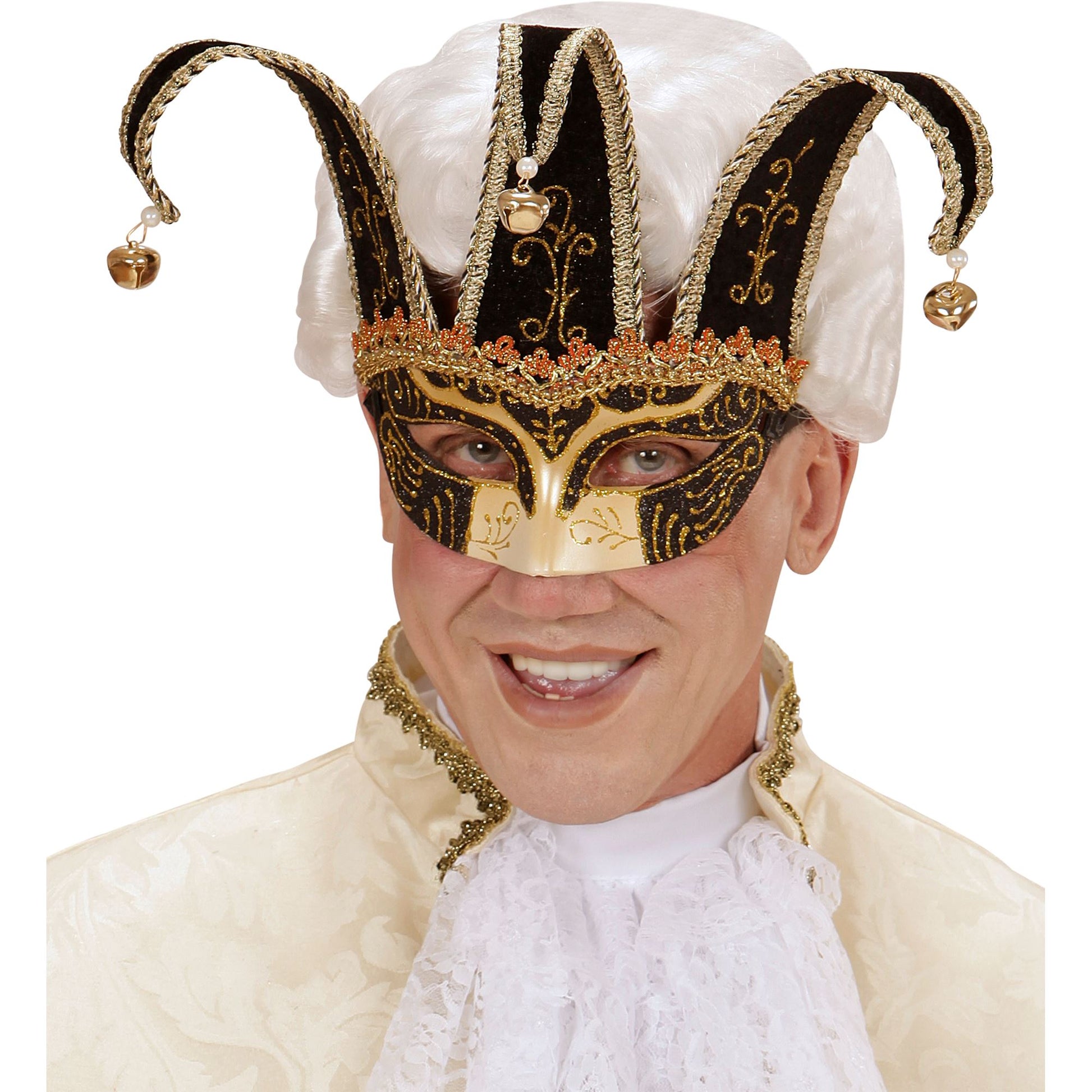 "SCHWARZE AUGENMASKE JOLLY, DEKORIERT MIT GOLDENEM UND SCHWARZEM UND GLÖCKCHEN" unisex – Ansicht 4