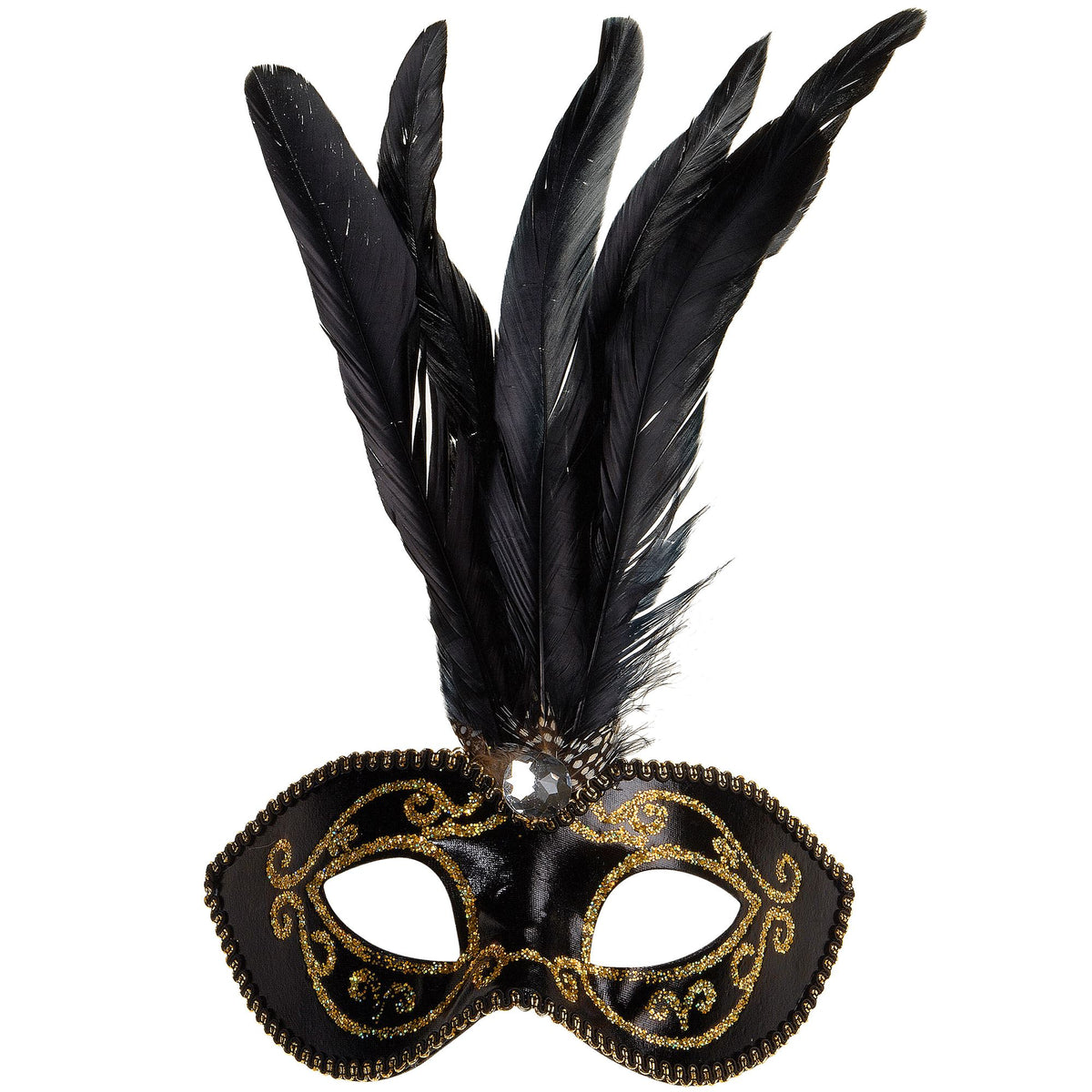 "SCHWARZE AUGENMASKE MIT GOLD, STEIN UND FEDERN" – Vorderansicht