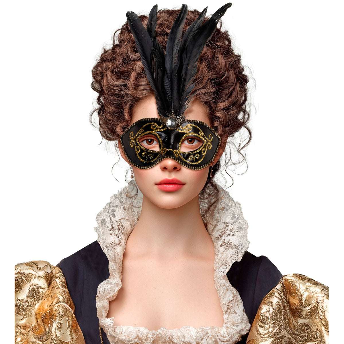 "SCHWARZE AUGENMASKE MIT GOLD, STEIN UND FEDERN" – Ansicht 3