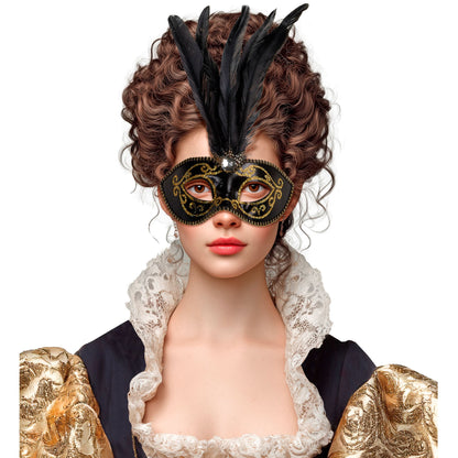 "SCHWARZE AUGENMASKE MIT GOLD, STEIN UND FEDERN" – Ansicht 3