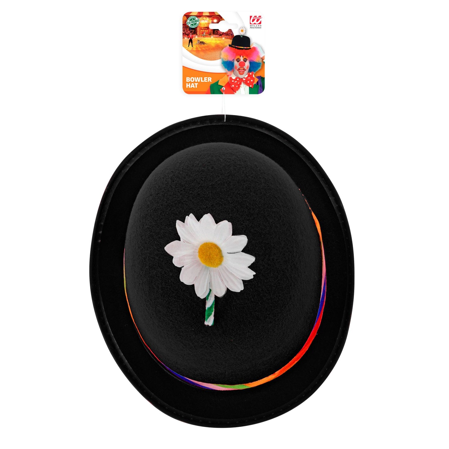 "SCHWARZE CLOWN MELONE MIT BLUME" aus Filz – Detailansicht