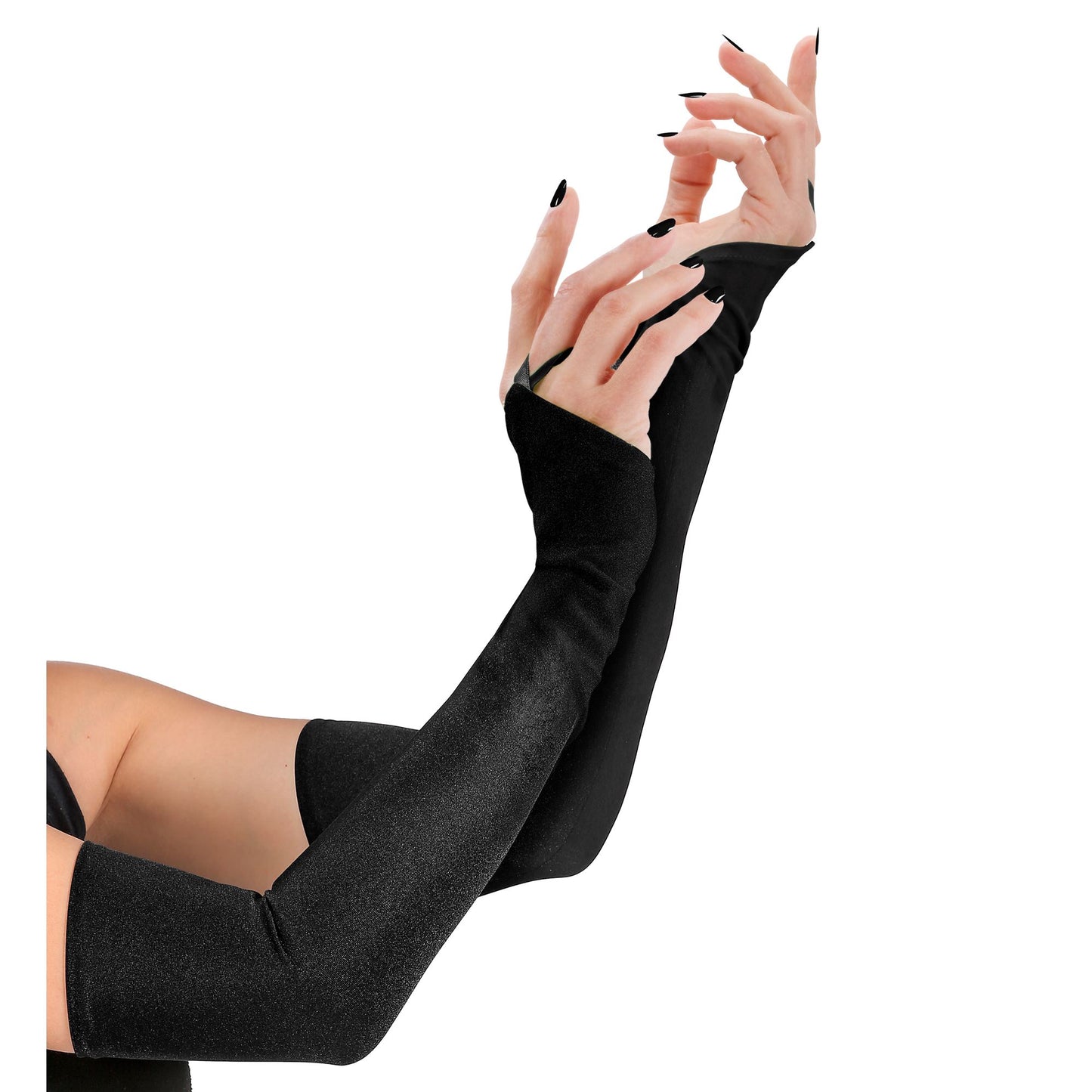 "SCHWARZE FINGERLOSE SATINHANDSCHUHE - 43 cm" – Vorderansicht