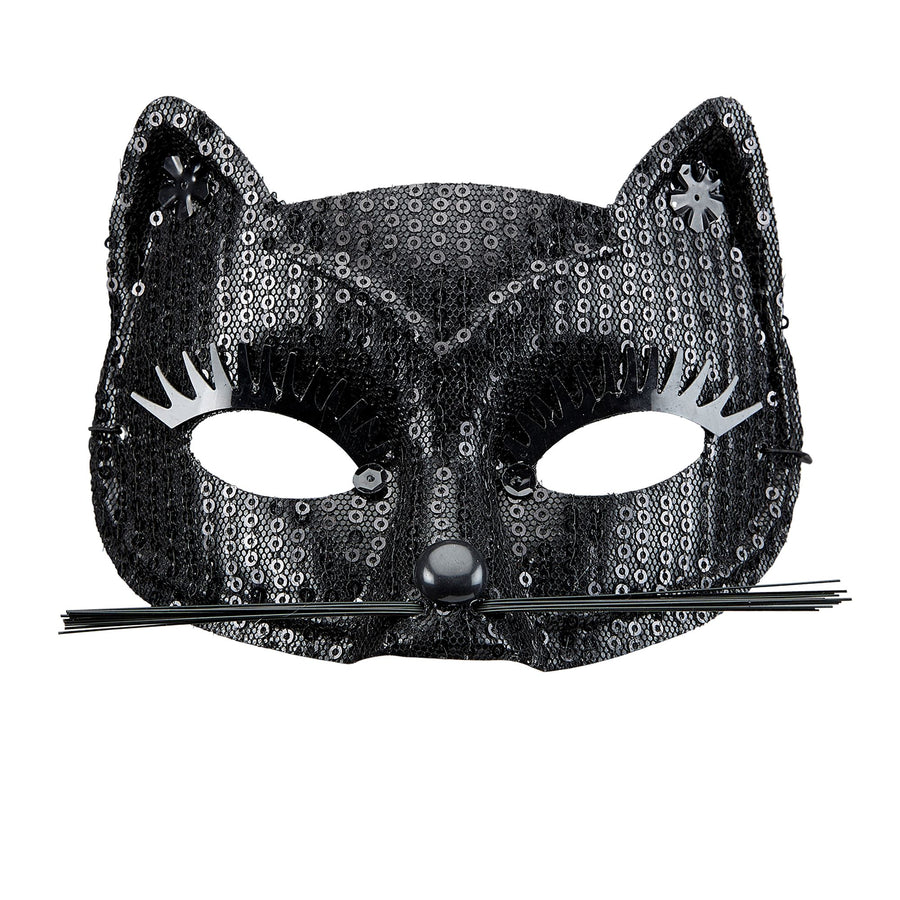 "SCHWARZE KATZENAUGENMASKE MIT PAILETTEN" – Vorderansicht