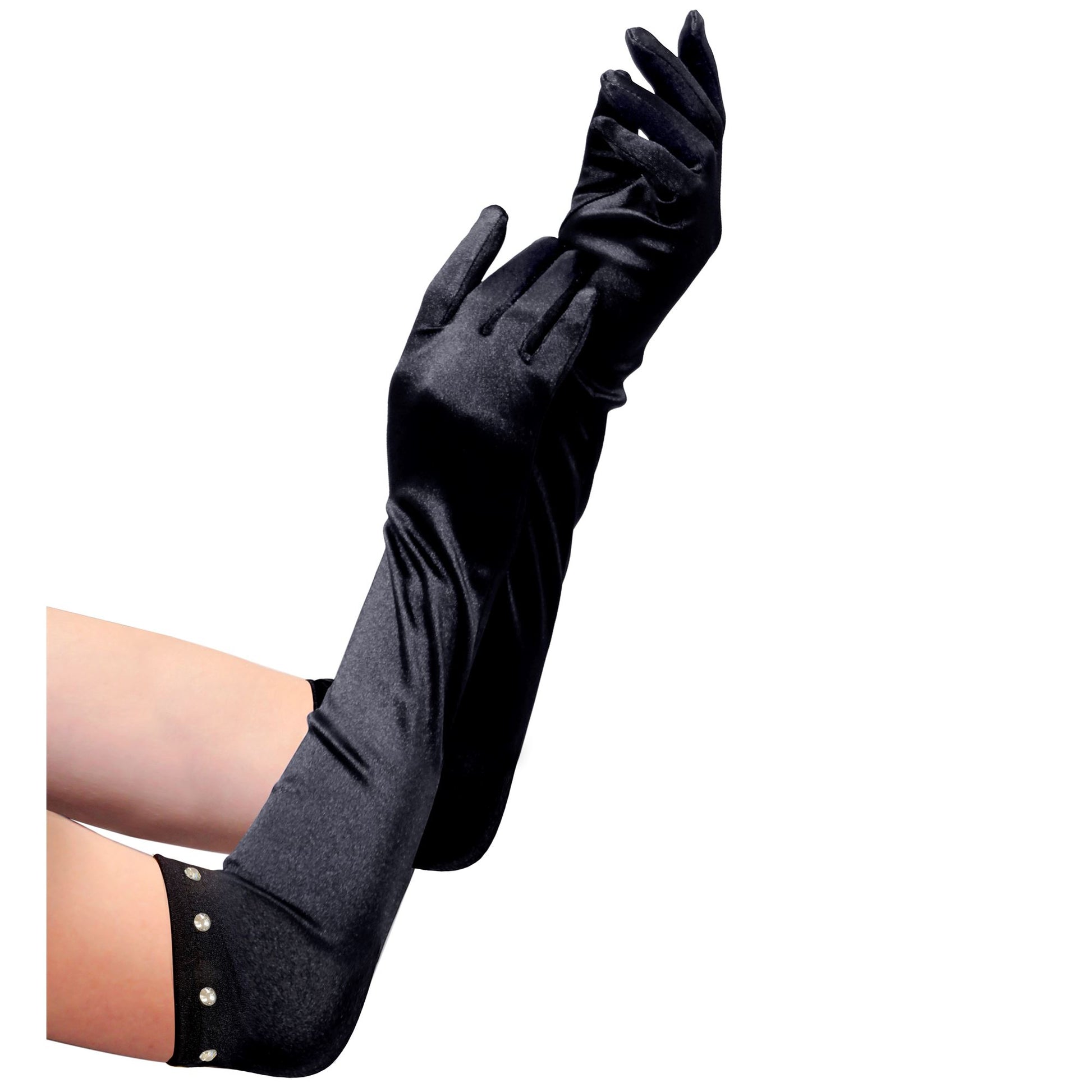 "SCHWARZE LANGE SATIN HANDSCHUHE MIT STRASS VERZIERUNG" Kindergröße – Vorderansicht