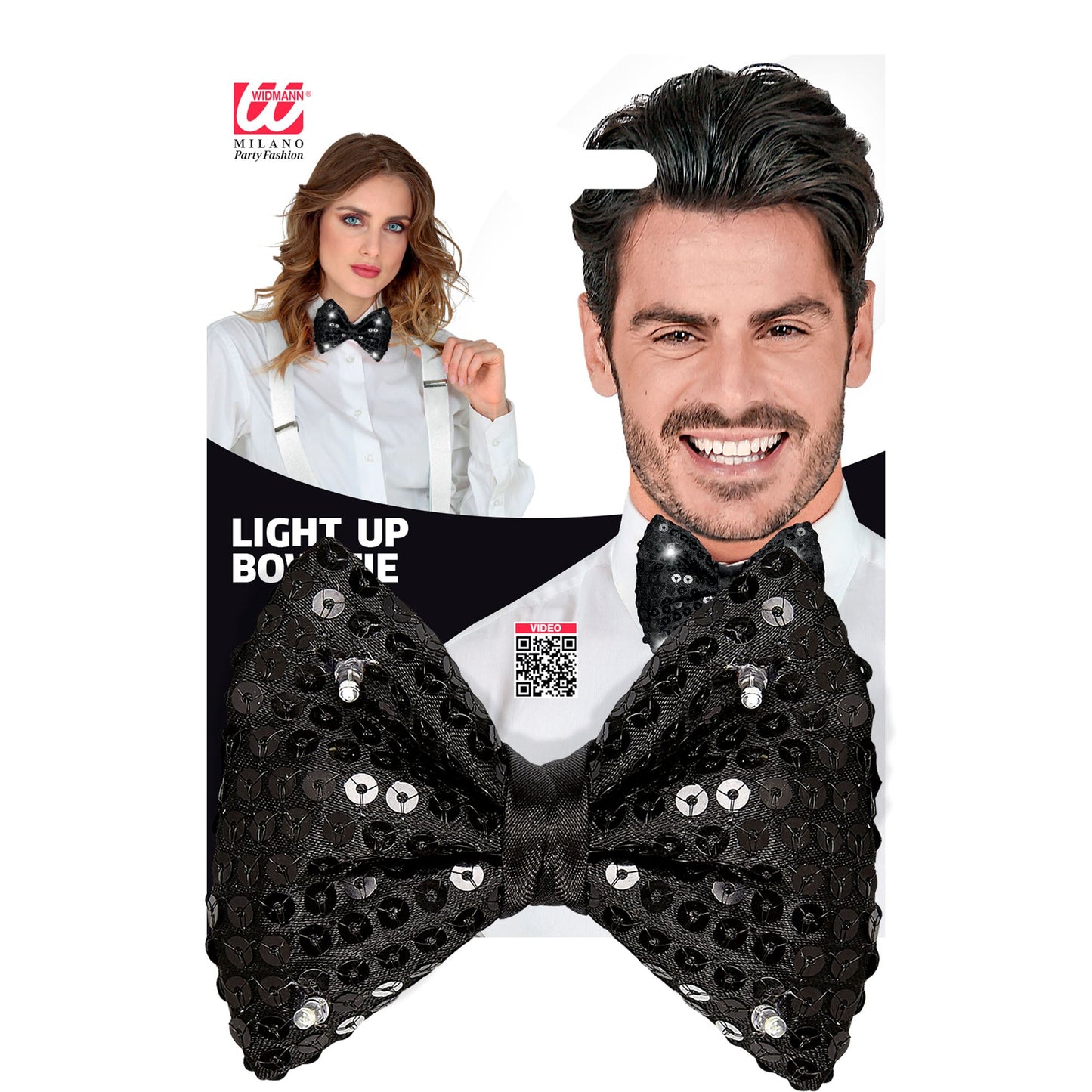 "SCHWARZE PAILLETTENFLIEGE MIT 4 LED LICHTERN" regulierbar – Detailansicht