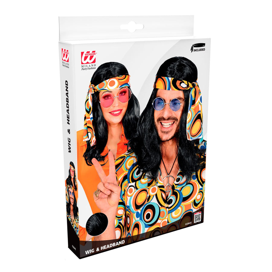 "SCHWARZE PERÜCKE 70ER JAHRE DISCO FEVER MIT STIRNBAND" in Box – Detailansicht