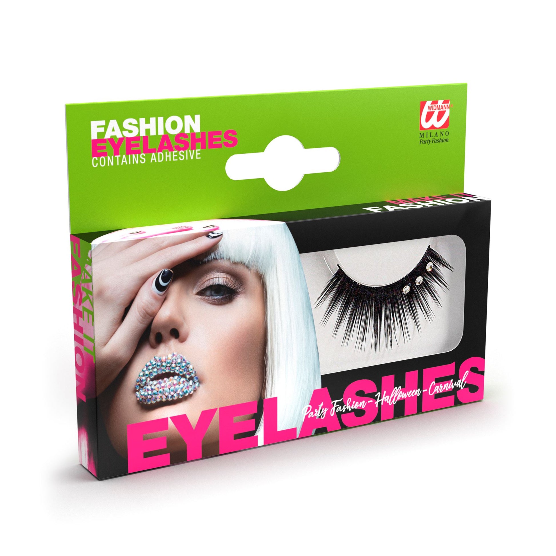 "SCHWARZE STRASS WIMPERN" mit Klebstoff in Glasflasche - (Kristallstrass) – Vorderansicht